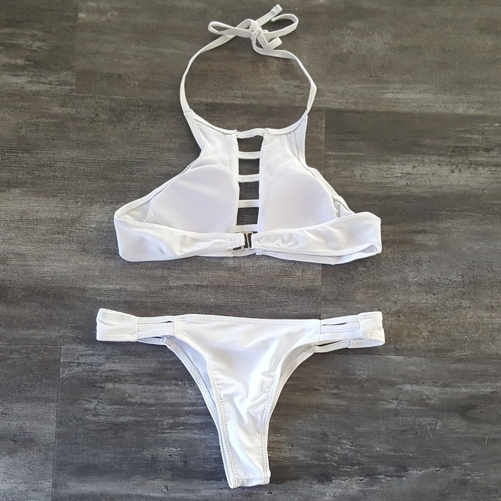 White High Neck Strapped Bikini Set - Picture 2 of 5